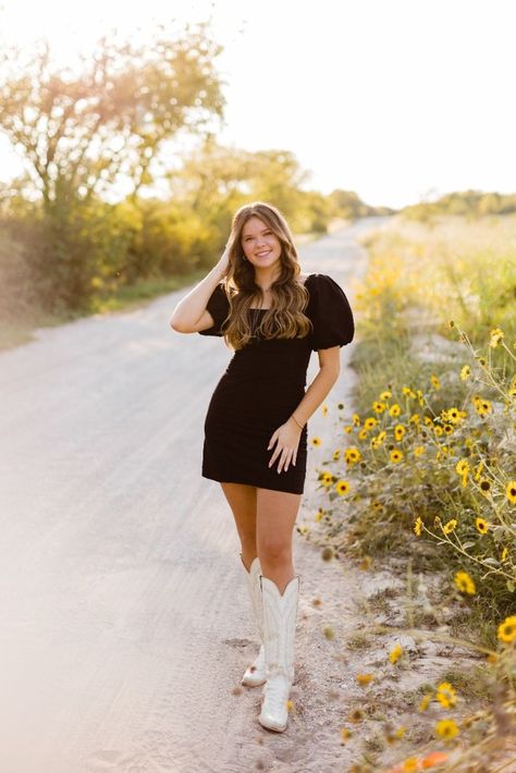 Cowboy Boots With Black Dress, Boots With Black Dress, Senior Pictures Dresses, Dresses With Cowboy Boots, White Cowboy Boots, Senior Photo Outfits, Senior Picture Outfits, Senior Pictures Poses, Senior Poses