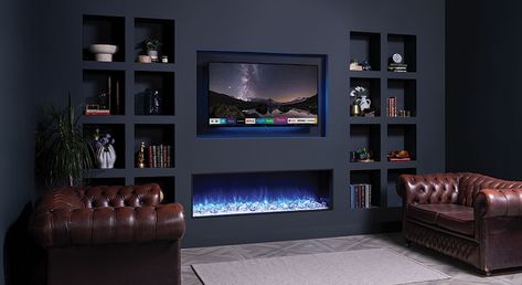 Media Wall Fireplaces Explained - Stovax & Gazco Blue Media Wall, Wall Fireplaces, Blue Feature Wall, Kitchen Feature Wall, Media Walls, Tv Center, Tv Mounted, Inset Electric Fires, Dark Blue Living Room