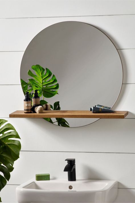 Buy Bronx Mirror With Shelf from the Next UK online shop Office Refresh, Toilet Closet, Blue Walls Living Room, Bathroom Mirror With Shelf, Tall Wall Mirrors, Large Round Mirror, Budget Interior Design, Lighted Wall Mirror, Wall Mirror With Shelf