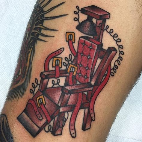 Electric Chair Tattoo by Mikey Holmes #electricchair #chair #execution #MikeyHolmes | Apr 11th 2016 | 16136 Electric Chair Drawing, Electric Chair Tattoo, Ted Tattoo, Chair Tattoo, Michigan Tattoos, Trad Tattoos, Tattoo Chair, Traditional Tattoo Old School, Electric Chair