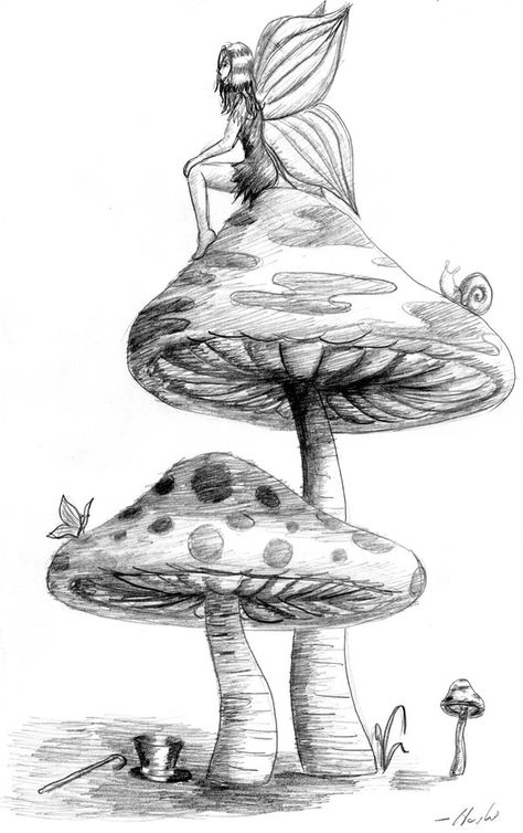 Fairy Mushrooms Drawing, Fairy On Toadstool Drawing, Cool Fairy Drawings, Fairy Sketches Aesthetic, Fairy Theme Drawing, Fairy And Mushroom Drawing, Fairy Scene Drawing, Mushroom Fairy Sketch, Fairy On A Mushroom Drawing