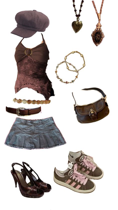 bohemian y2k gold brown outfit Y2k Brown Outfit, Brown Y2k Outfit, Collage Outfit, Brown Y2k, Collage Outfits, Y2k Fits, Tiktok Outfits, Outfit Collage, Brown Outfit