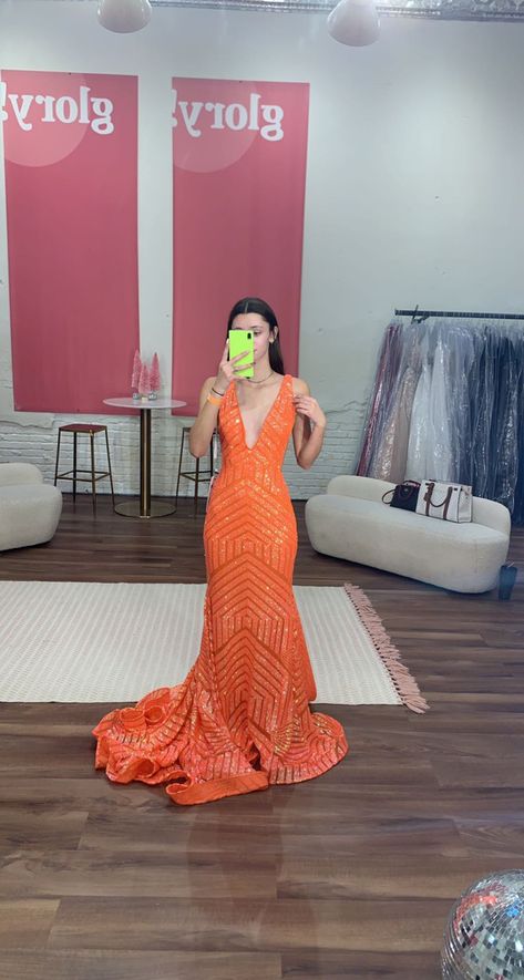 Orange Grad Dress, Bright Orange Prom Dress, Neon Orange Prom Dress, Prom Dresses Orange, Hc Dresses, Senior Dresses, Md Dresses, Prom Dresses Long Open Back, Orange Prom Dress