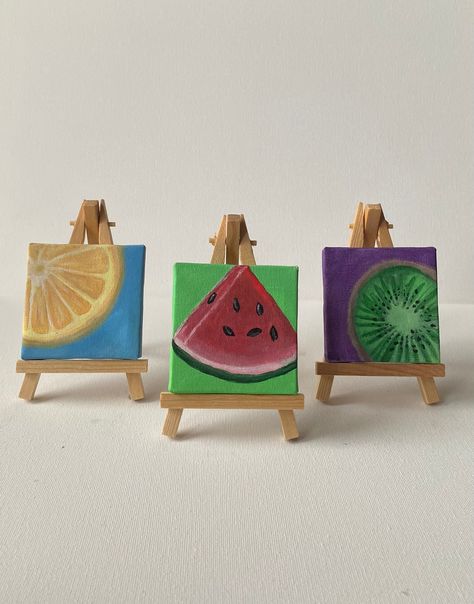 Tiny Canvas Art Ideas, Tiny Paintings Ideas Easy, Mini Canvas Art Ideas Easy, Set Of 3 Canvas Painting Ideas, Canvas Fruit Painting, Tiny Paintings Ideas, Pinting Ideas, Fruit Canvas Painting, Tiny Canvas Painting Ideas