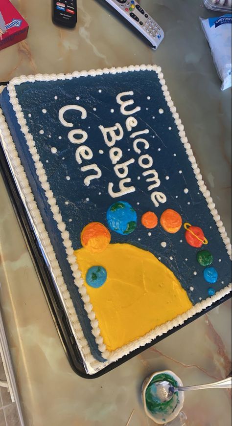 Space Theme Sheet Cake, Space Sheet Cake, Space Baby Shower Cake, Space Cake Birthday, Outer Space Birthday Cake, Space Themed Cake, Outer Space Cake, Lucas Baby, Baby Shower Sheet Cakes