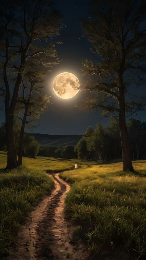 Moon Scenery Drawing, Beautiful Moon Night, Moonlit Path, Night Sky Moon, Drawing Scenery, Peace And Tranquility, Tree Of Life Art, Really Cool Drawings, Moonlit Night