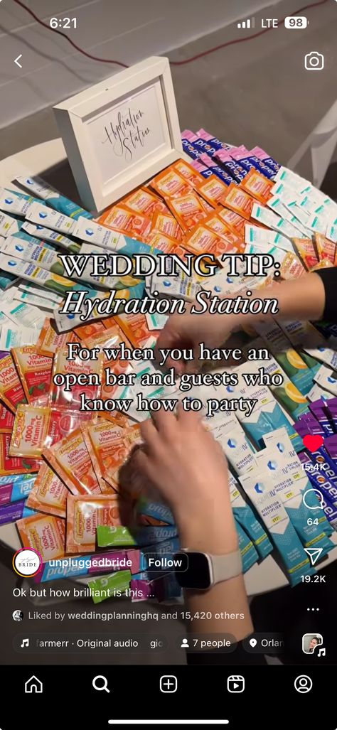 Unique Wedding Must Haves, Wedding Ideas After Party, Summer Wedding Essentials, Wedding Hydration Station, Hydration Station Wedding, Summer Wedding Tips, Wedding Reception Fun Ideas, Wedding After Party Ideas, Hydration Station