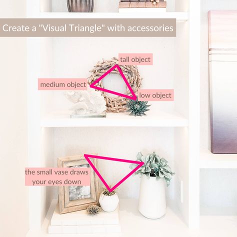 When styling accessories try to create a "visual triangle." As you style different areas of your home you want to group objects that are different heights and sizes. These groups will create your visual triangle. 🔺 Our eyes are naturally drawn to these groupings. If you want more tips like this then you MUST download my Ultimate Interior Design Cheat Sheet Bundle. It's filled with 9 cheat sheets including 4 super handy "how to" style guides. And the best part...it's FREE. 📝 Design Cheat Sheet, Interior Styles Guide, Interior Design Basics, Decorating Rules, Interior Design Principles, Diy Copper, Decorating 101, Interior Decorating Tips, Interior Design Guide