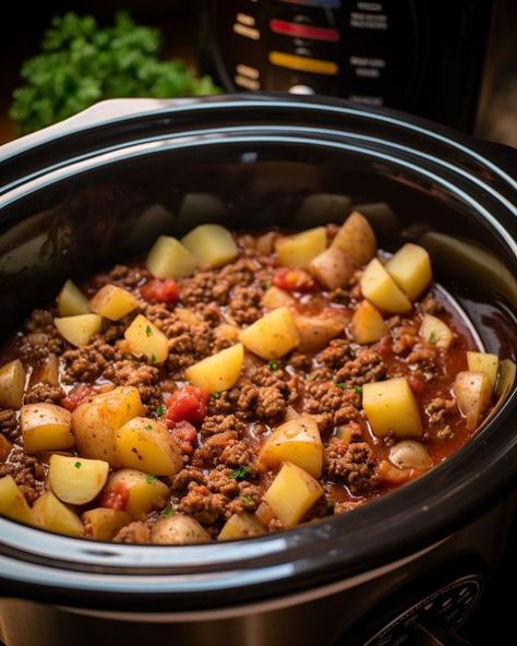 If there were a dish I could eat over and over again, this would be it Crockpot Recipes For Beef, Crockpot Recipes Ground Beef Healthy, Hamburger Beef Stew Crockpot, Ground Meat Recipes Crockpot, Dry Beef Recipes, Crockpot Recipes Using Ground Beef, Big Pot Meals, Cooking For 2 Recipes Main Dishes, Crockpot Ground Beef Recipes