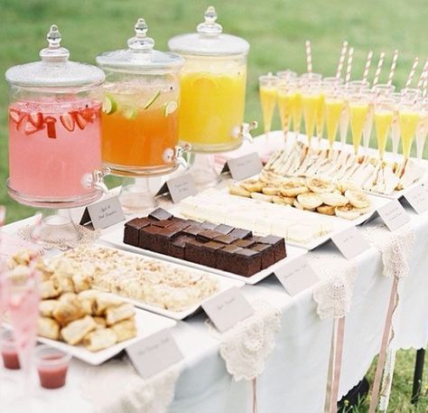 Dessert Table with Drink Stand Party Theme Colors Schemes, Bridal Shower Buffet Table Display, Backyard Bridal Shower Decorations, Classy Grad Party, Summer Bridal Shower Decorations, Katering Pernikahan, Senior Brunch, حفل توديع العزوبية, Buffet Dessert