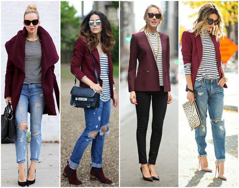 Outfit Planning: Burgundy Jacket 4 Ways | On the Daily EXPRESS Maroon Blazer Women, Burgundy Blazer Outfit Woman, Maroon Blazer Outfit, Burgundy Blazer Outfit, Burgundy Leather Jacket Outfit, Burgundy Jacket Outfit, Blazer Outfits Women, Velvet Blazer Outfit, Female Blazer