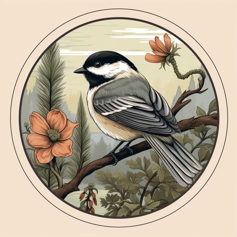 Chickadee Tattoo Design, Black Capped Chickadee Tattoo, Chickadee Illustration, Chickadee Drawing, Vintage Wildlife Illustration, Chickadee Tattoo, Chickadee Art, Black Capped Chickadee, Nature Sketch