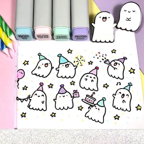 Welcome to my ghost party! 🥳👻🎉🎂🎈 Thank you very much for all your birthday wishes! 🥰 I had a wonderful day yesterday with lovely people… Doodle Kawaii, Skitse Bog, Ghost Party, Super Kawaii, Bullet Journal Art, Kawaii Doodles, Cute Kawaii Drawings, Bullet Journal Doodles, Journal Doodles