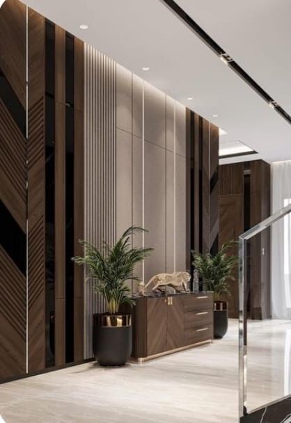 Wood Cladding Texture, Wall Cladding Texture, Modern Arabic Interior, Wall Cladding Interior, Modern Wall Paneling, Walkway Design, Corridor Design, Cladding Design, Foyer Design