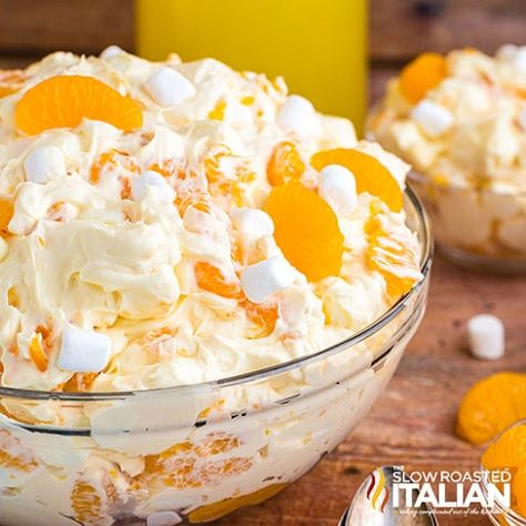 Dreamsicle Mandarin Orange Salad (Cheesecake Salad) - TSRI Orange Dreamsicle Salad, Dreamsicle Salad Recipe, Dreamsicle Salad, Mandarin Orange Salad, Orange Fluff, Mascarpone Dessert, Orange Dessert, Stromboli Recipe, Make Ahead Salads