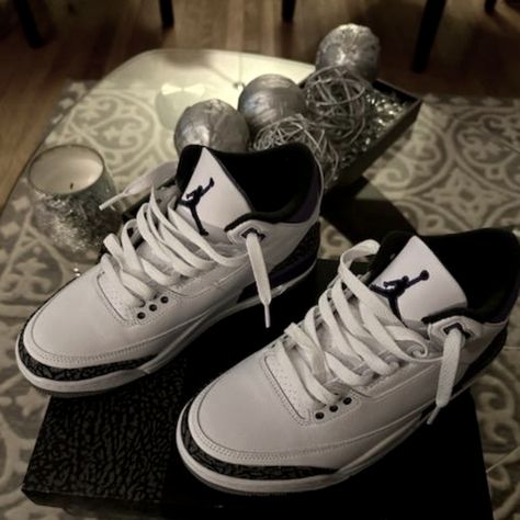 Brand New Never Worn Air Jordan 3 Retro In Original Box. Size 8, White, Purple And Balk. Air Jordan Retro 3, Jordan 3s, Fire Shoes, Pretty Sneakers, Jordan Retro 3, Shoes For School, Retro 3, White Nike Shoes, Pretty Shoes Sneakers