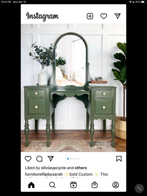 Green Makeup Vanity, Design Exercises, Office Upgrade, Green Vanity, Vanity Bedroom, Green Desk, Green Makeup, Spanish Revival, Wood Vanity