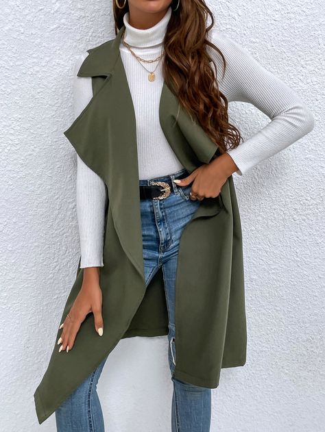 Green Vest Outfit, Plain Vest, Look Casual Chic, Women Outerwear, Green Vest, Women Coats, Collar Coat, Vest Coat, Collared Coat