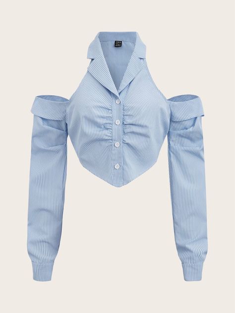 Blue and White Casual Collar Long Sleeve Polyester Striped Shirt Embellished Non-Stretch  Women Tops, Blouses & Tee Pastel Blue Shirt Outfit, Shein Tops Shirts, Blue And White Outfit, Shein Blouse, Shoulder Tops Outfit, Madison Beer Outfits, Fashion Design Patterns, Trendy Fashion Tops, Chic Blouses