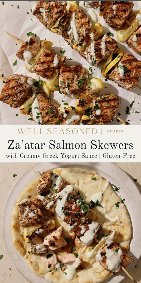 Boldly spiced and tender, these Za'atar Salmon Skewers are my ideal summer dinner. There's no lengthy marinating time required (though of course you can prep them in advance!) and they take just minutes to cook. The salmon melts in your mouth and has a warm, nutty flavor from za'atar and sumac. Enjoy with our Creamy Greek Yogurt Sauce, couscous, rice, quinoa, or grilled veggies! Gluten-free. #wellseasonedstudio #salmon #salmonskewers #zaatar #fish Salmon Skewers, Greek Yogurt Sauce, Salmon Seasoning, Za Atar, Summer Recipes Dinner, Grilled Veggies, Yogurt Sauce, Seafood Dinner, Grilled Salmon