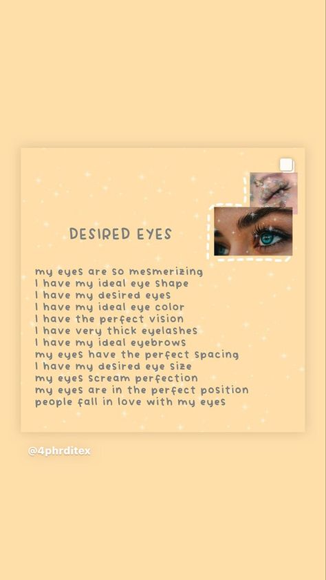 Eyes Affirmations, Appearance Affirmations, Body Affirmations, Motivation Journal, Board Collage, Feminine Spirituality, Vision Board Collage, Occult Science, Divine Feminine Spirituality