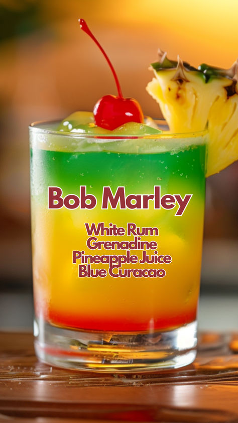 Bob Marley 4th Of July Drinks Alcoholic With Rum, The Tipsy Bartender, Bob Marley Drink Recipe How To Make, Tropical Mixed Drinks Alcoholic, Juneteenth Drink Ideas, Red And Yellow Drinks, Rum Tasting Party Ideas, Bob Marley Cocktail, Specialty Drinks Alcohol