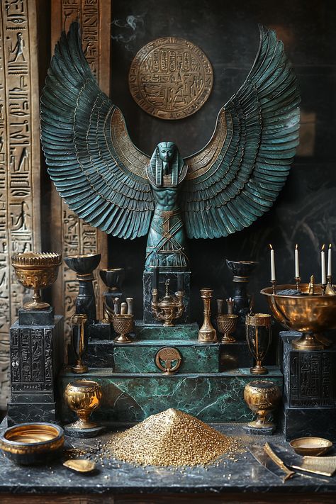 ✨🔮 Dive into the mysticism of ancient Egypt with our stunning depiction of the 'Egyptian Ritual of Calling Upon Osiris for Power and Wealth.' 🌟🕌 Imagine a captivating altar adorned with golden chalices and alabaster vessels, surrounded by black and white candles, all against a backdrop of intricate hieroglyphs. 🌿💫 Let the rich color palette of deep blacks, opulent golds, and lush greens transpo... Winged Statue, Black And White Candles, Golden Statue, Ivory Tower, Dark Mysterious, Egyptian God, Egyptian Hieroglyphics, Rich Color Palette, Marriage Relationship