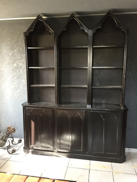 Goth Display Cabinet, Gothic Entertainment Center, Gothic Organization, Goth Shelves, Gothic Shelving, Gothic Cabinets, Spooky Shelves, Goth Bookshelf, Gothic Storage