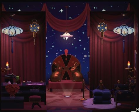 Magician theme room for Dotty #acnh #acnhdesigns Magicians Mystery Manor Acnh, Acnh Circus, Acnh Villagers, Magic Show, Art Room, The Magicians, Animal Crossing, Circus, Animals