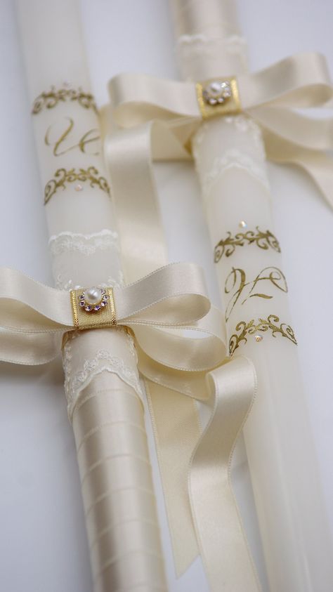 Greek Orthodox Wedding Candles, Orthodox Wedding Candles, Greek Wedding Candles, Bridal Candles, Disney Wedding Gifts, Christian Cross Stitch Patterns, Personalised Wedding Candles, Orthodox Wedding, Bridal Brooch Bouquet