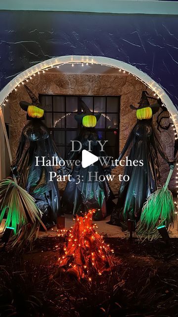 Morgan Elizabeth on Instagram: "DIY Halloween Witches How-To🧙‍♀️ Part 3!  Make a stand. We used leftover PVC pipes and a 4-way fitting to make a stand. We wanted life-size witches, so we made them tall—over 5.5 ft.  Make an upper body form. We used grocery bags that we had and tied them to the PVC pipes.  Make a lower body. We used a pool noodle that we cut in half and zip-tied to each side.  Make a dress. We used black plastic sheeting. We made life-size witches and wanted the dresses long to fit them, so we cut it over 8 ft. Drape it over the stand evenly. Check to make sure you like the flow of the dress. Pull together and zip-tie under the upper body.  Make a head. We used a pumpkin candy bin. We drilled a hole in the center of the bottom and placed it on top of the PVC for the head. Diy Halloween Body Parts, How To Make A Witch, Pumpkin Head Witch, Life Size Witch, Diy Halloween Witch, Dollar Tree Halloween Decor, Morgan Elizabeth, Make A Dress, Dollar Tree Halloween