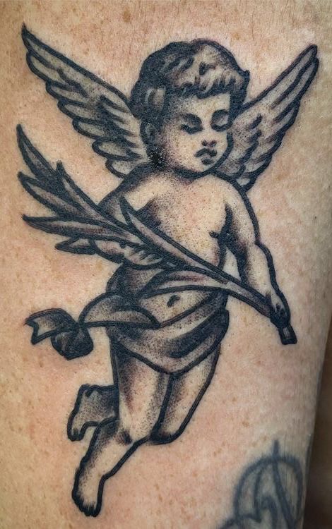 Traditional Cherub Tattoo, Traditional Angel Tattoo, Cherub Tattoo Designs, Cupid Tattoo, Cherub Tattoo, Traditional Style Tattoo, Traditional Tattoo Sleeve, Cool Chest Tattoos, Tattoo Now