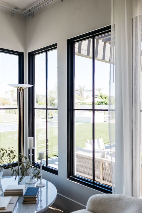 Black Transom Windows, Images Of Windows, Long Black Windows Exterior, Black Pane Windows, Contemporary Black Windows, Four Pane Window, Large Black Framed Windows, Living Room With Black Window Frames, Sierra Pacific Windows Black