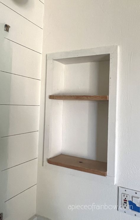 Transform an old medicine cabinet into a modern boho farmhouse niche shelf with beautiful wall decor! Easy home improvement DIY, bathroom remodel & makeover idea! - A Piece of Rainbow, floating shelves, woodworking, interior design, bohemian style, before and after Replacing Medicine Cabinet With Shelves, Old Bathroom Medicine Cabinet Makeover, Bathroom Medicine Cabinet Makeover, Medicine Cabinet Alternative, Medicine Cabinet Redo, Diy Niche, Guess Bathroom, Niche Shelf, Bathroom Medicine Cabinet Mirror