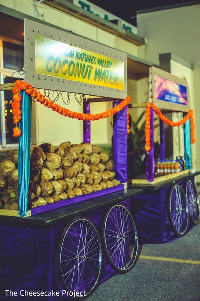 Sangeet coconut station. Food Stations Ideas, Best Wedding Food, Wedding Food Menu, Indian Wedding Theme, Wedding Food Stations, Station Photo, Bollywood Theme, Vintage Style Wedding Dresses, Menu Inspiration