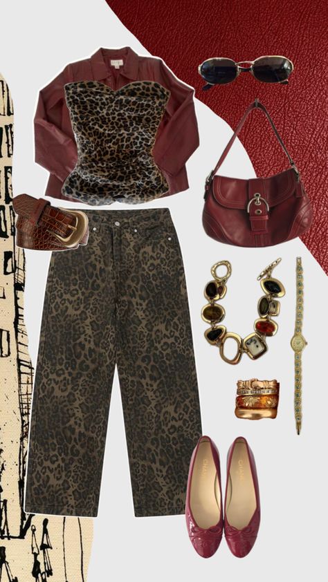 red leather, cheetah, glasses, jewelery, collage Cheetah Outfit, Cheetah Clothes, Themed Outfits, Red Leather, Cute Outfits, Red, Leather, Clothes