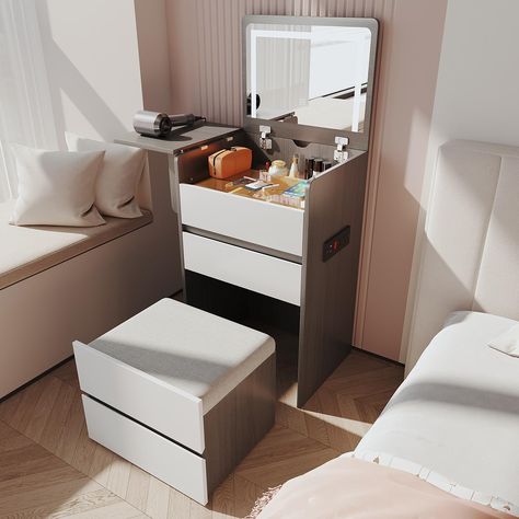 PRICES MAY VARY. 🌺【Small Vanity & Space Saving】This makeup vanity set features a lighted mirror, 3 drawers, and a hidden vanity chair with storage. Its compact size, stylish design, and ample storage make it perfect for dorms, apartments, and bedrooms. The stool can be tucked away when not in use, saving space. 🌺【Lighted Mirror & Glass Top】The led makeup mirror comes with touch buttons to adjust brightness and light colors in three levels. Additionally, one of the drawers is designed with 6 sm Hidden Chair, Hidden Vanity, Bedroom Setup Ideas, Korea Room, Modern Dressing Table, Chair With Storage, Stylish Kitchen Design, Vanity Space, Mini Vanity