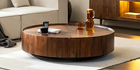 Loon Peak® Frutoso Mid-Century Modern Block Coffee Table, Round Walnut Wood Grain Pattern Living Room Table & Reviews | Wayfair