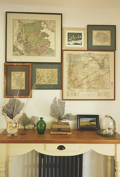 Map Collage Wall, Antique Maps Decor, Map On Wall, Map Gallery Wall, Decorating With Maps, Vintage Map Decor, Renovated Victorian, Travel Gallery Wall, Office Gallery Wall