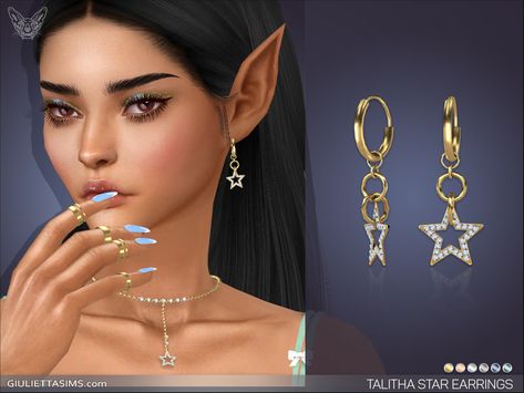 Sims 4 — Talitha Star Earrings by feyona — Iced-out star pendant earrings come in 6 metal colors: yellow gold, white Earrings Sims 4, Heart Nose Rings, Sims 4 Piercings, Mod Earrings, Sims 4 Studio, Sims 4 Cc Folder, Sims 4 Teen, Sims Four, Sims 4 Update