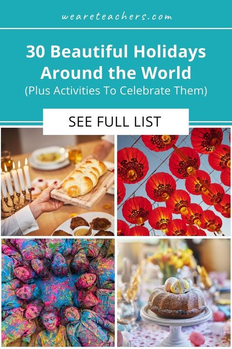 This list of holidays around the world is perfect for bringing diverse celebrations into your home or classroom. Celebrations Around The World Activities, Holiday Traditions Around The World, Winter Celebrations Around The World, Intercultural Couples, Winter Around The World, Holiday Celebrations Around The World, Holiday Around The World, Winter Holidays Around The World, List Of Holidays