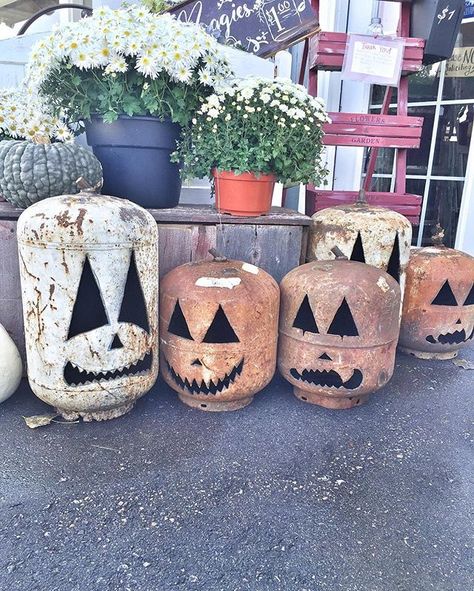 Just put out the LAST of our propane pumpkins! If you were hoping to snag one for your porch now is the time! Open today until 6pm! Propane Pumpkins, Fall Yard Display, Metal Scarecrow, Propane Tank Art, Found Cottage, The Found Cottage, Lantern Pumpkins, Halloween Havoc, Porch Halloween