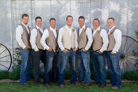 Casual Blue Jean and Tan Vest Groomsmen Look Country Groomsmen, Rustic Wedding Groomsmen, Jeans Wedding, Wedding Groomsmen Attire, Groomsmen Looks, Rustic Farm Wedding, Mens Wedding Attire, Groomsmen Outfits, Country Barn Weddings