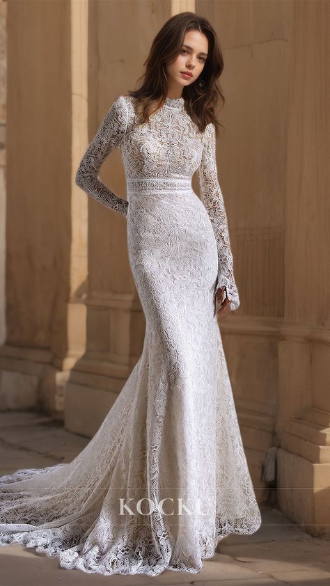 This elegant wedding dress features a jewel neckline and long sleeves adorned with delicate appliques lace. The sheath silhouette highlights your curves while the sweep train adds a touch of glamour. Perfect for the modern bride looking for a timeless and sophisticated look on her special day. High Neck Lace Wedding Dress, Mermaid Wedding Dress With Sleeves, Backless Lace Wedding Dress, Simple Prom Dress Long, Illusion Wedding Dress, Off Shoulder Wedding Dress, Satin Homecoming Dress, Beach Wedding Dress Boho, Strapless Prom Dresses