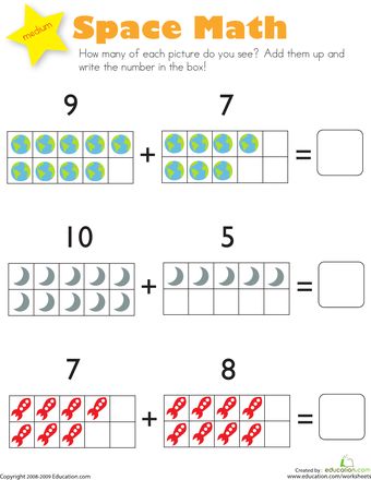 Free Space Math worksheets.  Kindergarten children can practice addition. Space Math, Kindergarten Addition Worksheets, Homework Activities, Space Unit, Kindergarten Worksheets Free Printables, Worksheets Kindergarten, Addition Worksheets, Ten Frames, Kindergarten Math Worksheets