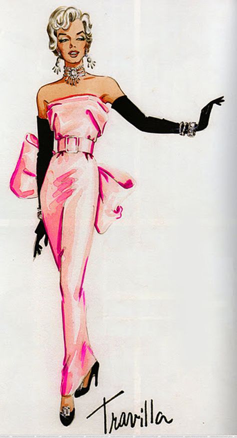 Travilla's costume sketch for Marilyn Monroe in Gentlemen Prefer Blondes (1953) William Travilla, Vintage Fashion Sketches, Monroe Dress, Hollywood Costume, Marilyn Monroe Art, Gentlemen Prefer Blondes, Norma Jeane, Fashion Art Illustration, 50s Fashion