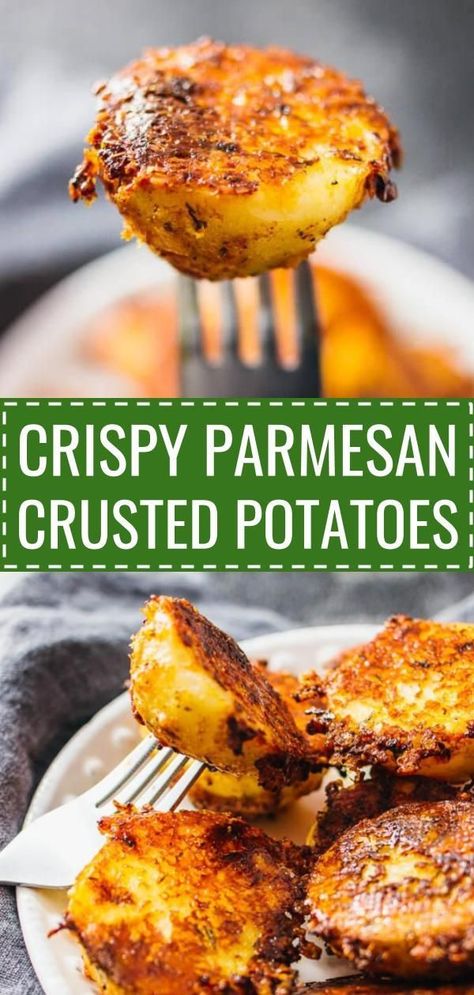 Crispy Parmesan Crusted Potatoes, Crusted Potatoes, Parmesan Crusted Potatoes, Simple Appetizer, Potatoes Easy, Potatoes Roasted, Roasted Baby Potatoes, Food Vegetarian, Parmesan Crusted