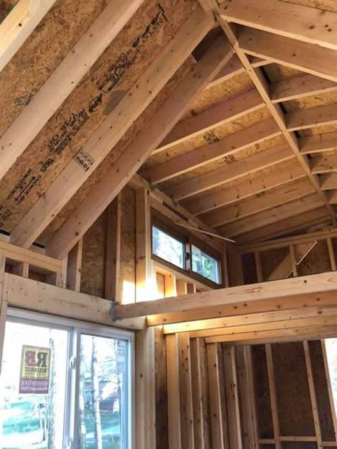 Finish-It-Yourself Tiny House Shell – Project Small House - Unfinished ceiling and loft Tiny House Ceiling Ideas, 20 Ft Tiny House, Tiny House Inside, Unfinished Ceiling, Barn Tiny House, Buy A Tiny House, Screen Door Latch, Tiny House Exterior, Open Ceiling