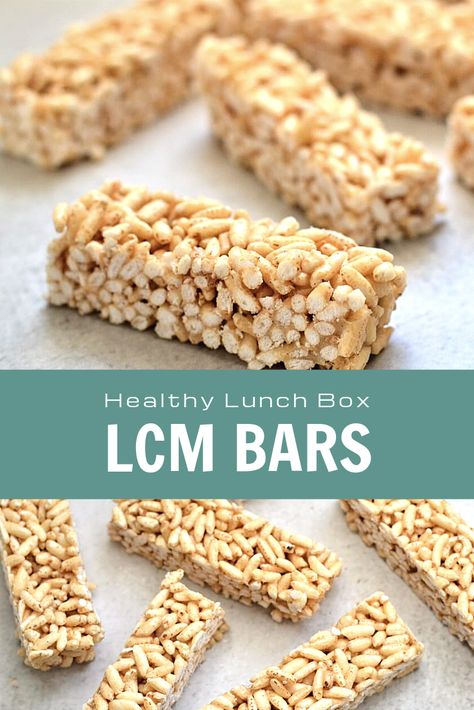 When you are looking for a tasty and healthy kids’ lunch box treat, look no further than these delicious and healthy LCM bars! Rather than processed LCM bars (or Rice Krispie treats) that are packed full of marshmallow and sugars, these bars are made using healthier ingredients. Free from nuts, additives and refined sugars, they make a safe and healthy lunch box treat that your kids will love. Healthy Lcm Bars, Rice Puff Bars, Lcm Bars Recipe, Puff Rice Bars, Healthy Lunchbox Treats, Rice Puff Bars Healthy, Rice Puffs Recipes, Healthy Snacks For Lunch Boxes, Healthy Lunch Box Snacks