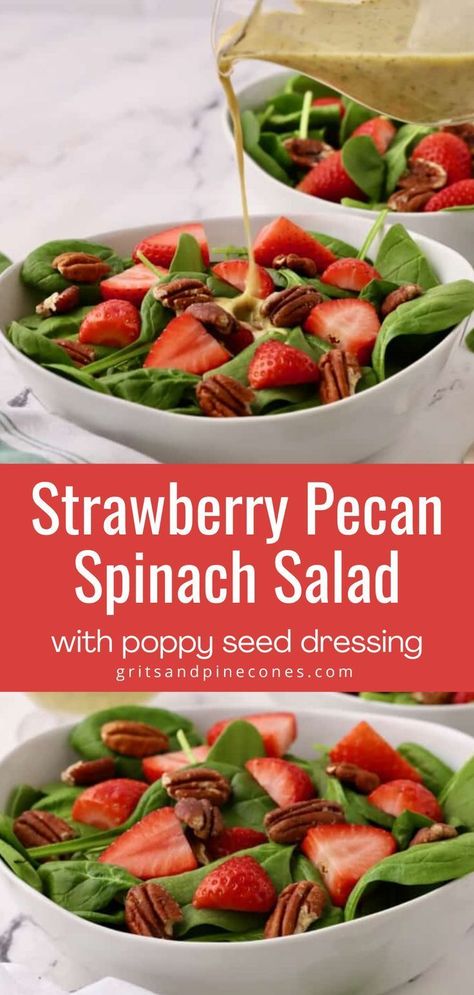 Plan a delicious lunch or dinner salad with this recipe for spinach salad with strawberries and pecans. It's quick to make in 10 minutes and this spinach salad is loaded with sweet strawberries and crunchy pecans tossed with a creamy and tangy lemon poppy seed dressing. Spinach Strawberry Pecan Salad, Salad With Strawberries And Pecans, Spinach Strawberry Salad Recipes, Strawberry Spinach Salad Dressing, Spinach Salad Recipes Easy, Strawberry Spinach Salad With Poppyseed, Spinach Salad With Strawberries, Strawberry Salads, Strawberry Salad Dressing